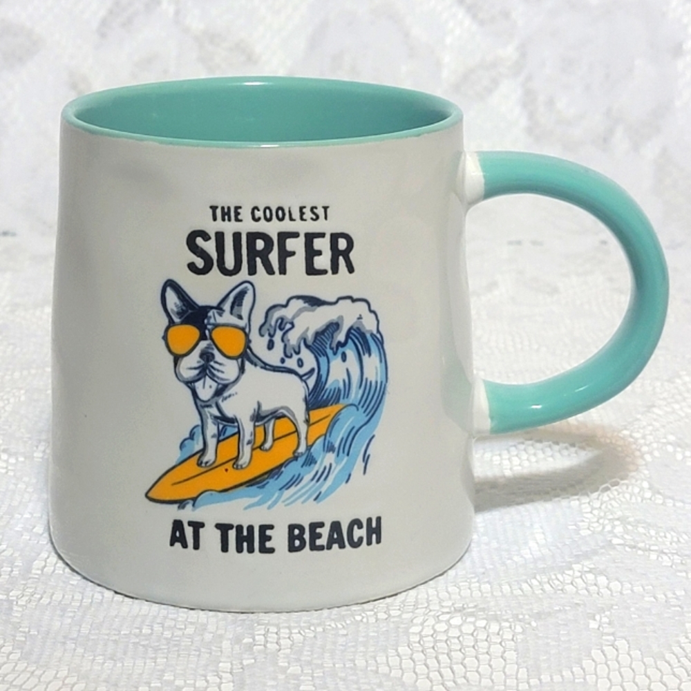 Dog Lover Mug Teal Handle "The Coolest Surfer at the Beach " White Ceramic Cup